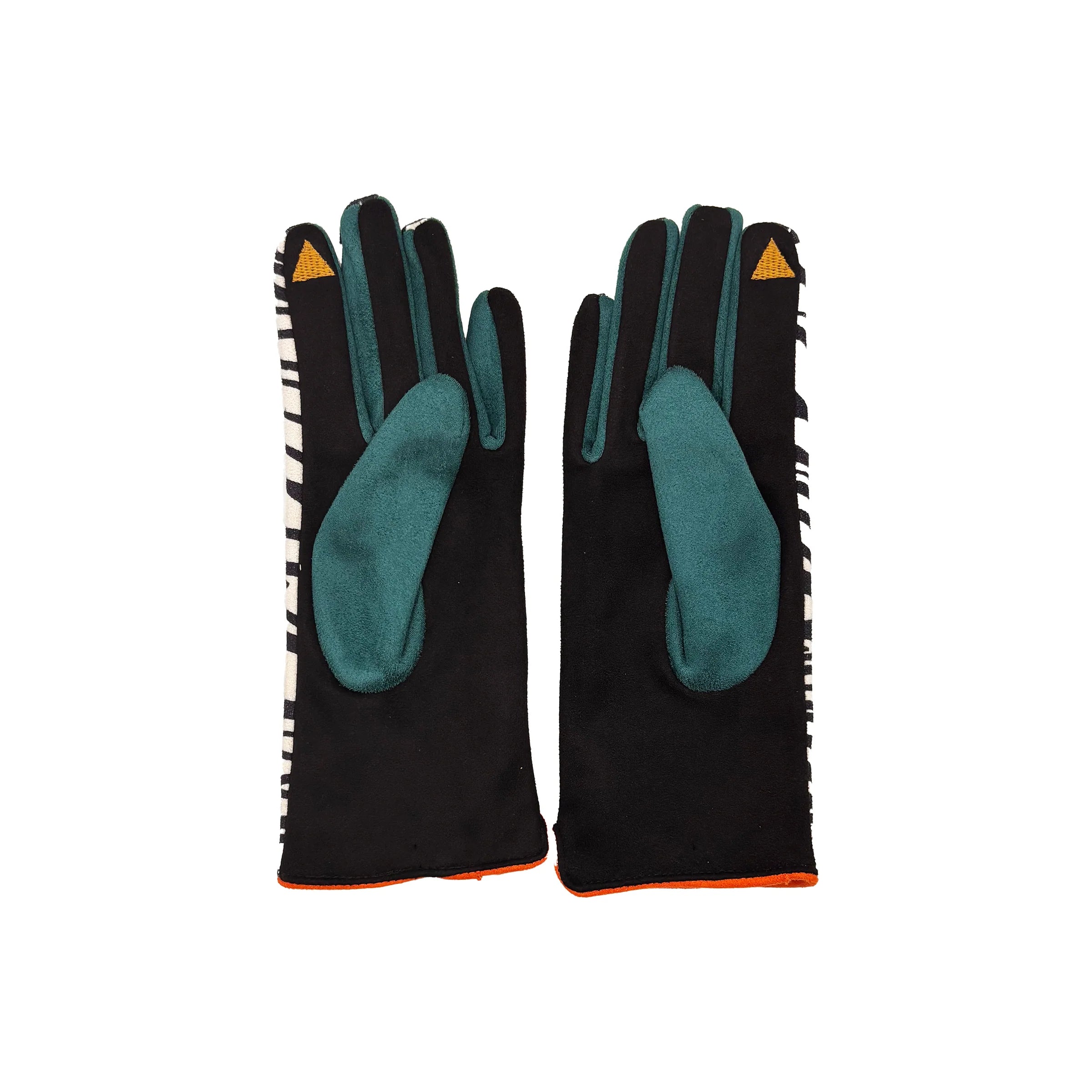 Back view of zebra print gloves with teal thumb patch and touchscreen tip.