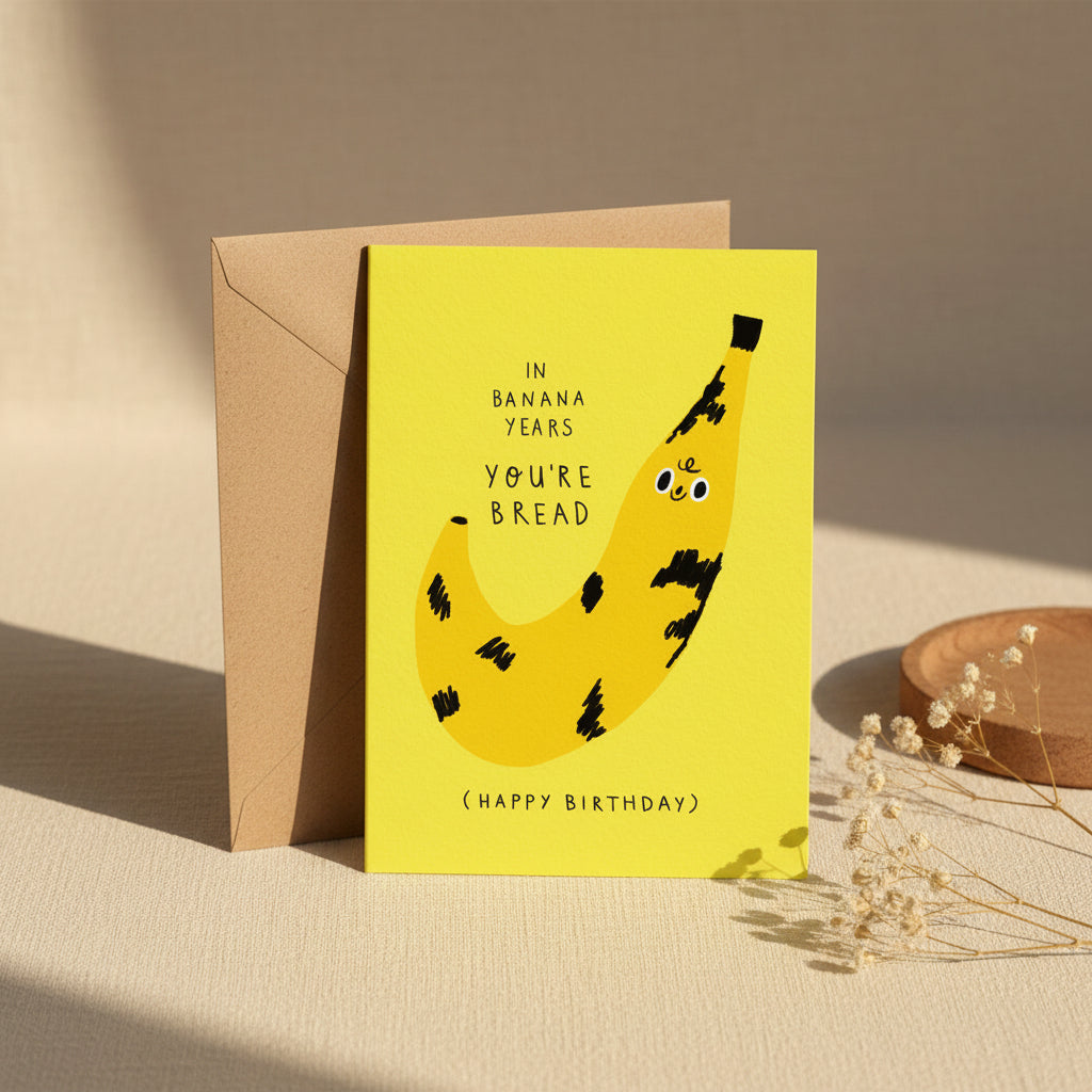 Birthday card with a banana illustration and humorous text on a yellow background