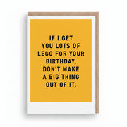 Golden yellow birthday card printed with a long black typographic joke