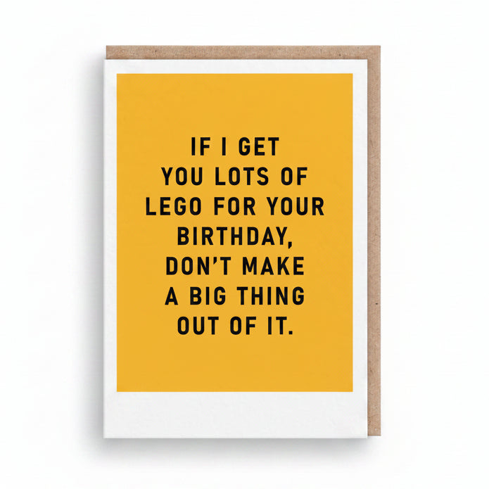 Golden yellow birthday card printed with a long black typographic joke