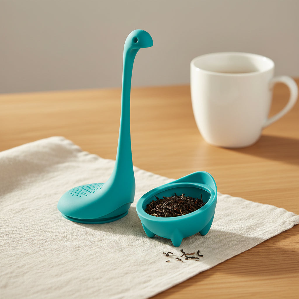 Baby Nessie tea infuser opened, showing loose tea leaves inside the bottom compartment, with the top part placed separately.