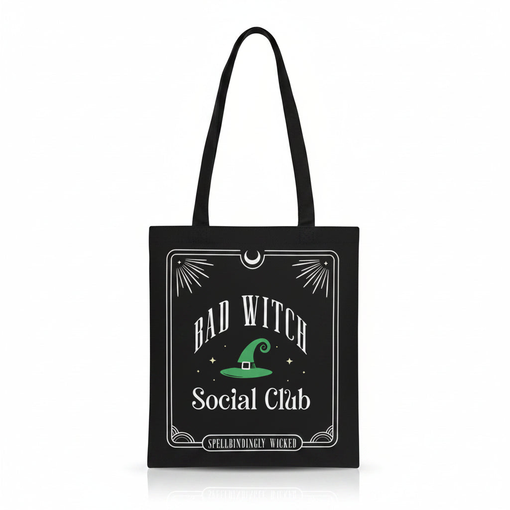 Front view of black Bad Witch Social Club tote bag with witch hat graphic.
