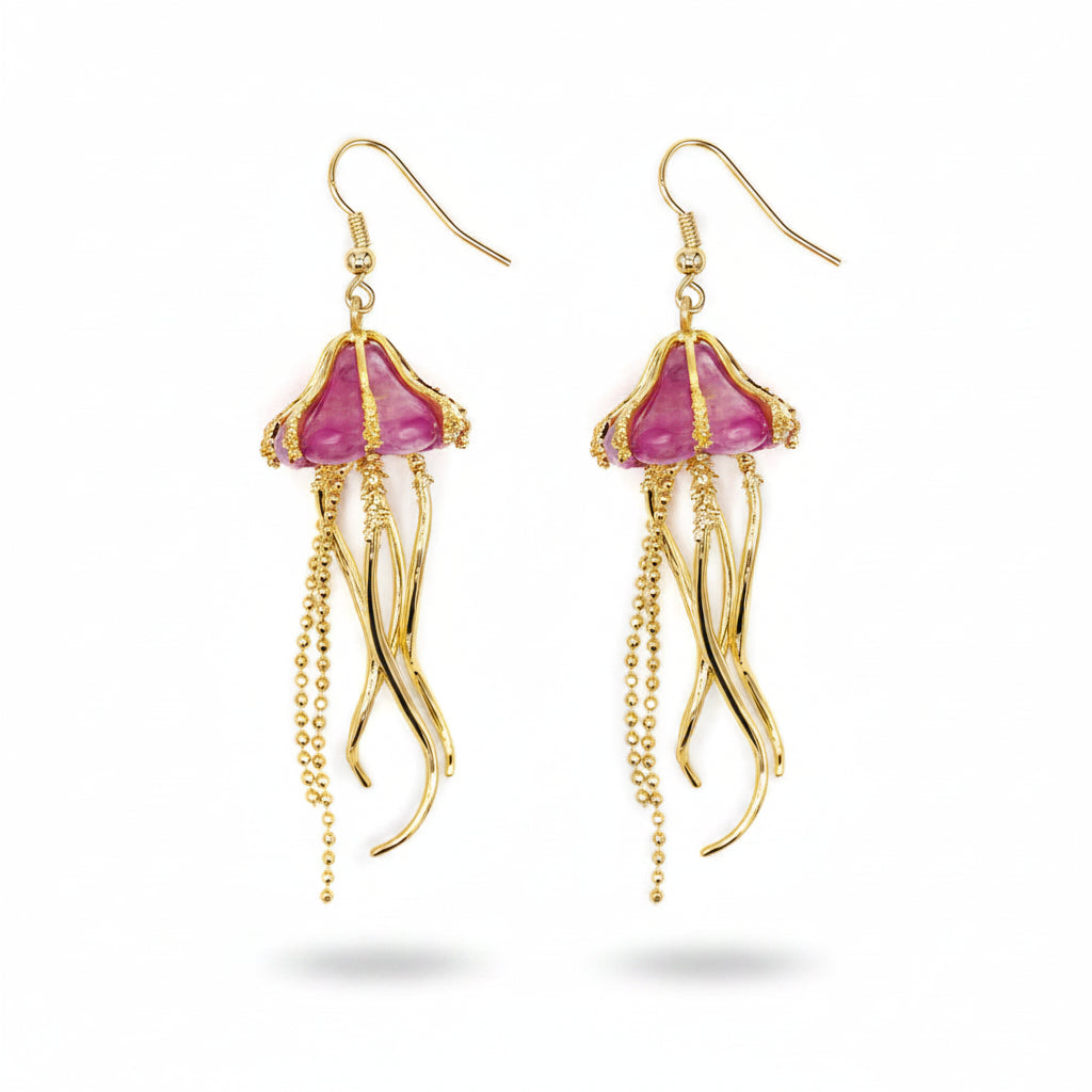 Front view of Jellyfish Drop Earrings with gold-plated tentacles and resin stone.