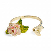 Enamel rose and bee open ring on white background