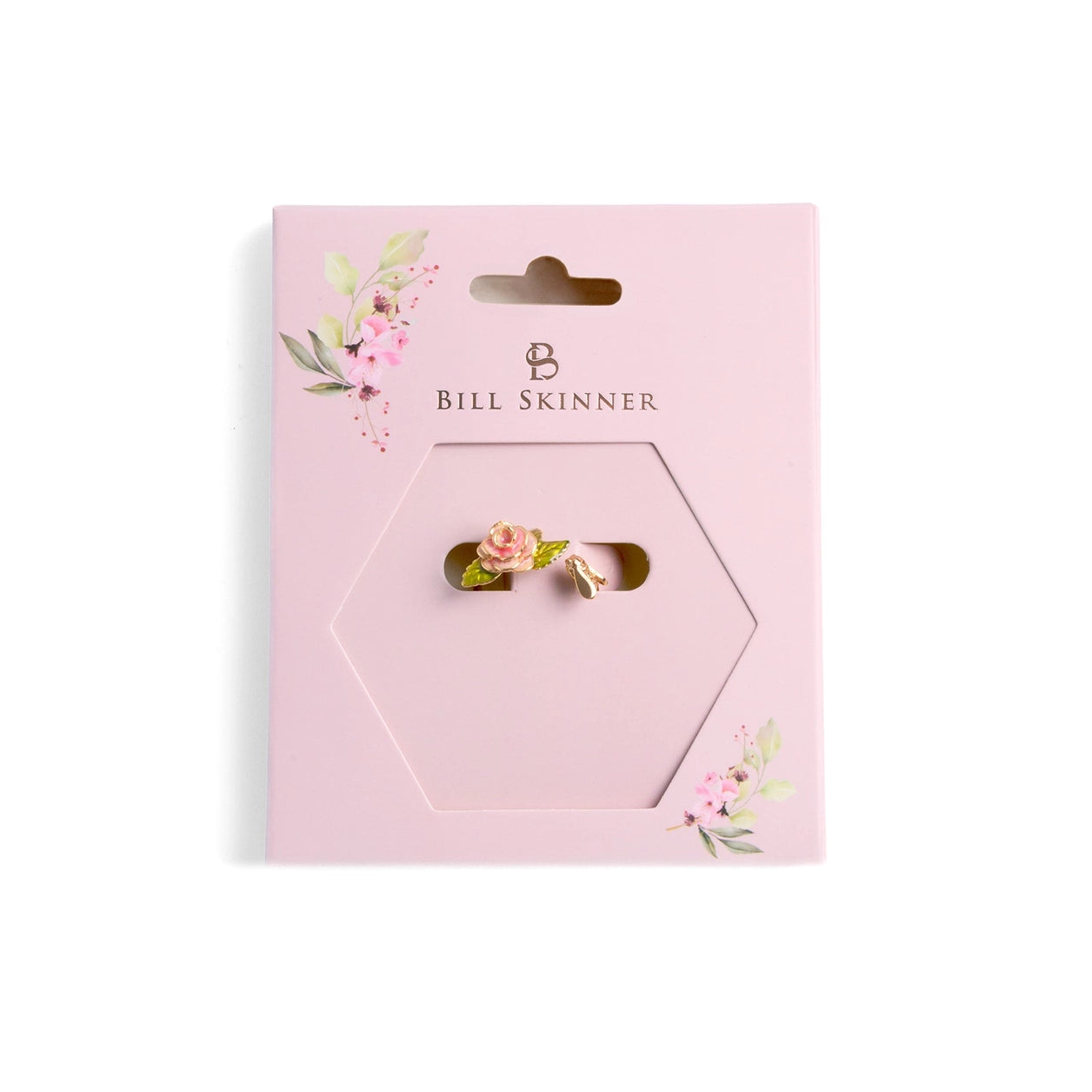 Vintage rose and bee ring on pink Bill Skinner packaging card