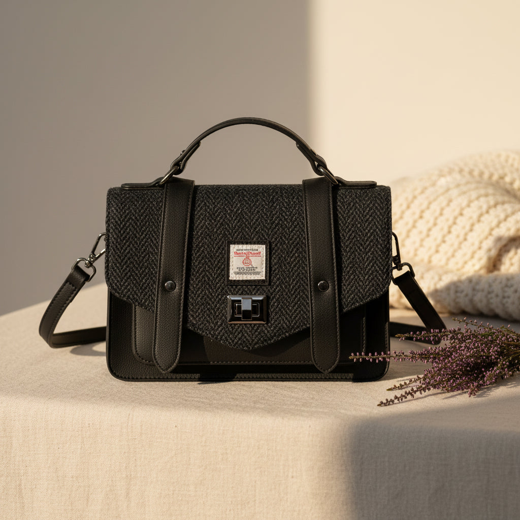 Black Herringbone Medium Satchel with Harris Tweed®