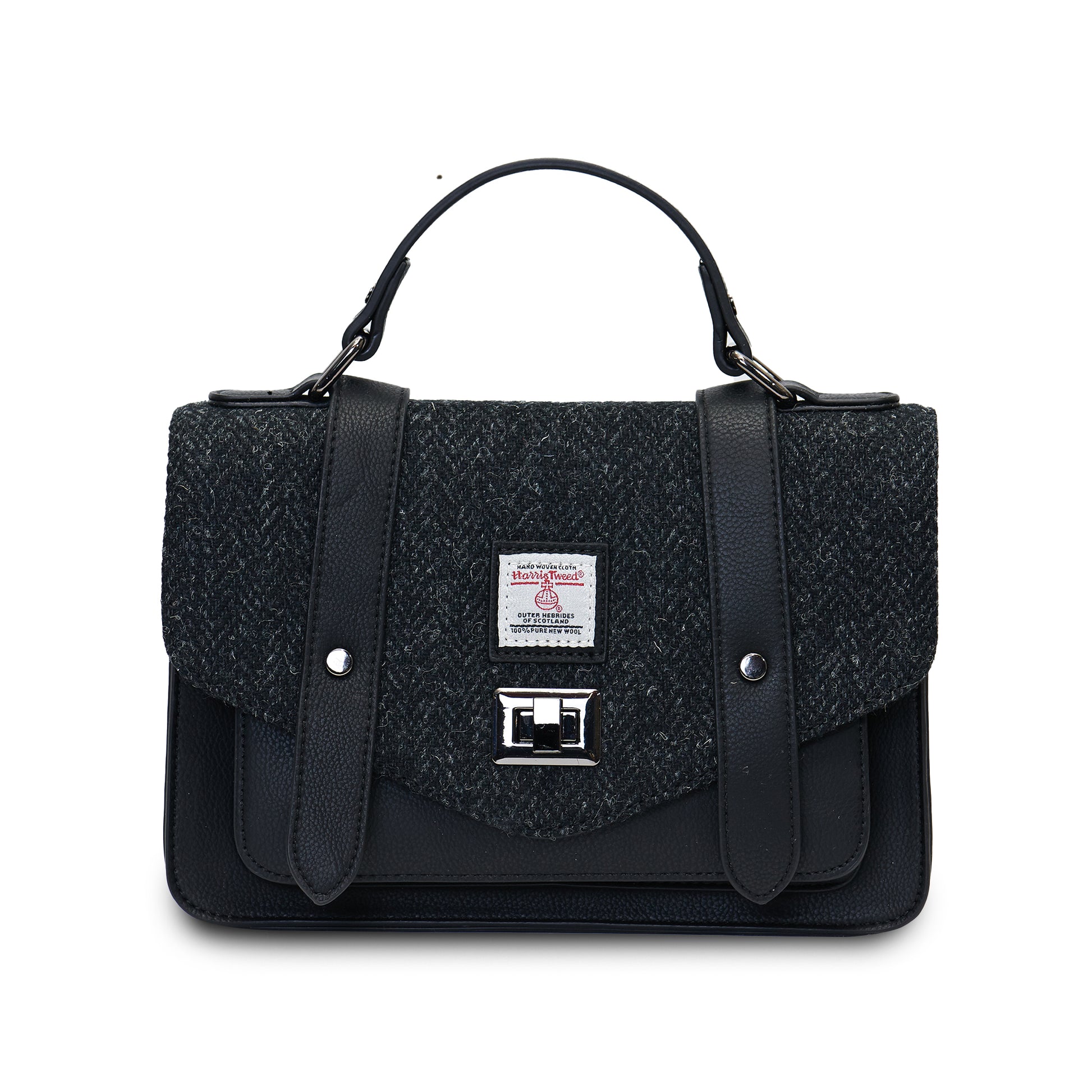 Front view of the Black Herringbone Medium Satchel with Harris Tweed®, showing textured tweed flap and silver clasp fastening.