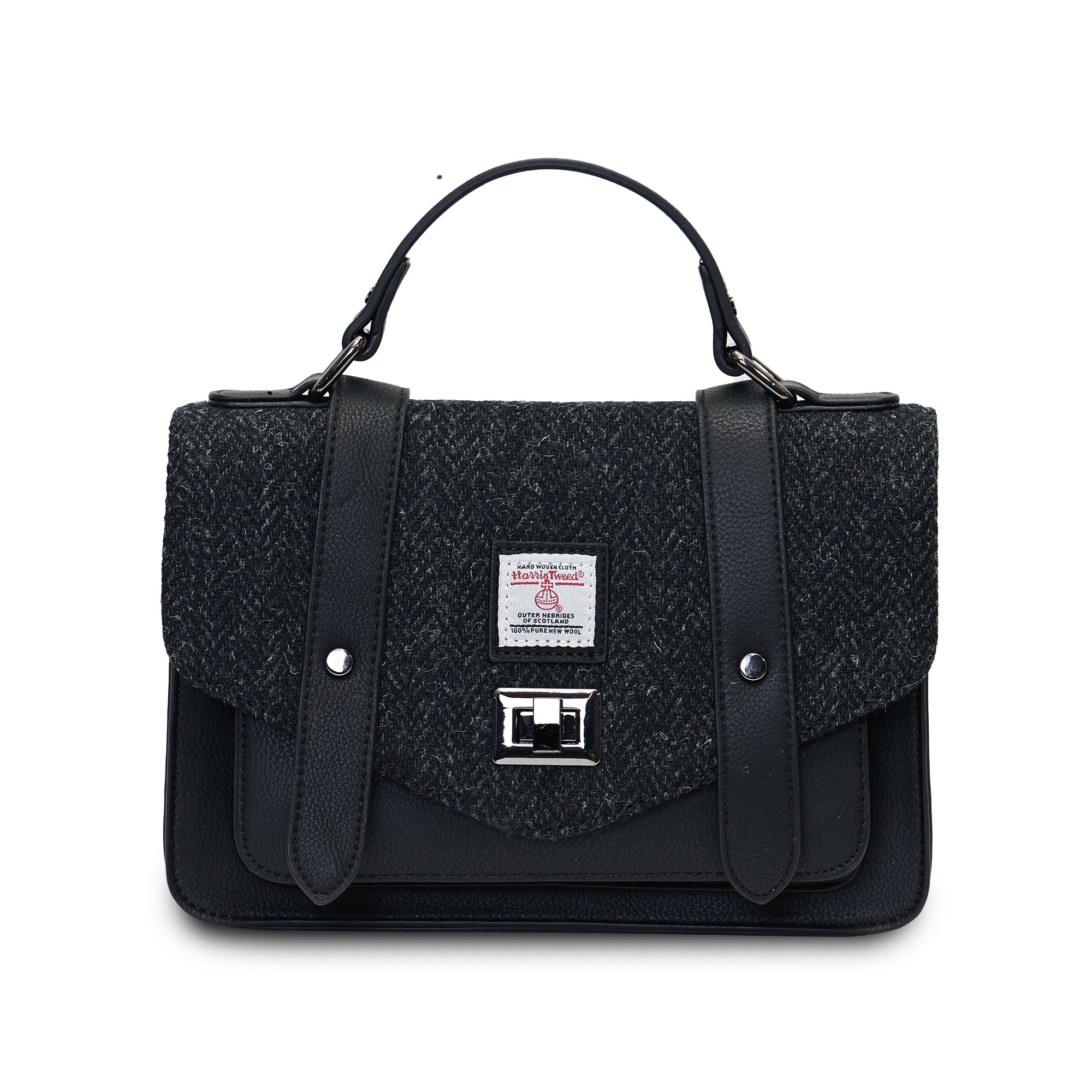 Front view of the Black Herringbone Medium Satchel with Harris Tweed®, showing textured tweed flap and silver clasp fastening.