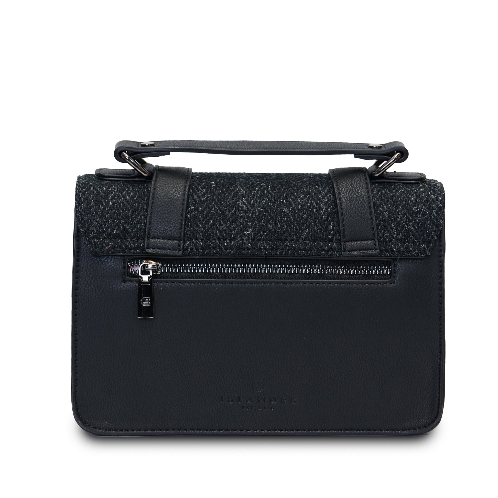 Back view of the Black Herringbone Medium Satchel with Harris Tweed®, showing smooth black microfibre leather and rear zip pocket.