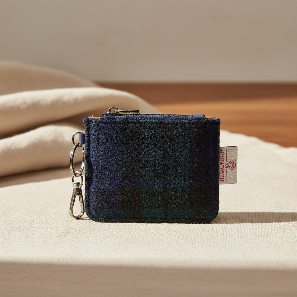 Navy blue textured pouch with a keychain on a white background