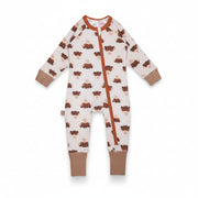 Flat lay of the Neutral Hamish Highland Cow zip-up romper against a warm-toned background, highlighting the zip and printed design.