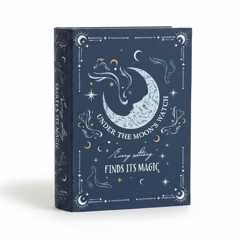 Decorative book with celestial design on a textured white surface