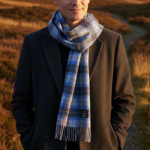 Folded blue tartan lambswool scarf with soft fringed edges on white background.