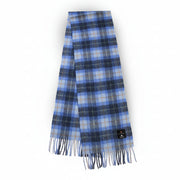 Plaid scarf with blue and gray pattern on a white background