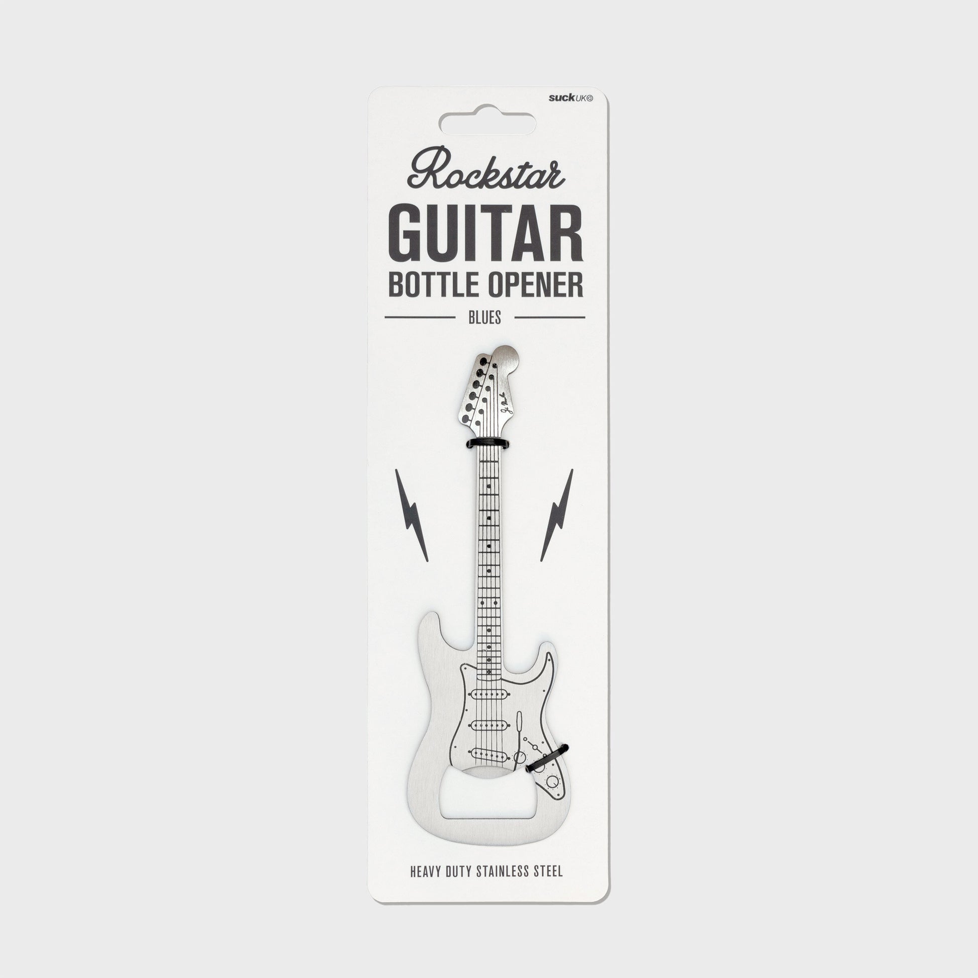 Flat stainless steel guitar-shaped bottle opener on retail packaging with “Rockstar Guitar Bottle Opener” branding, photographed on a white background.