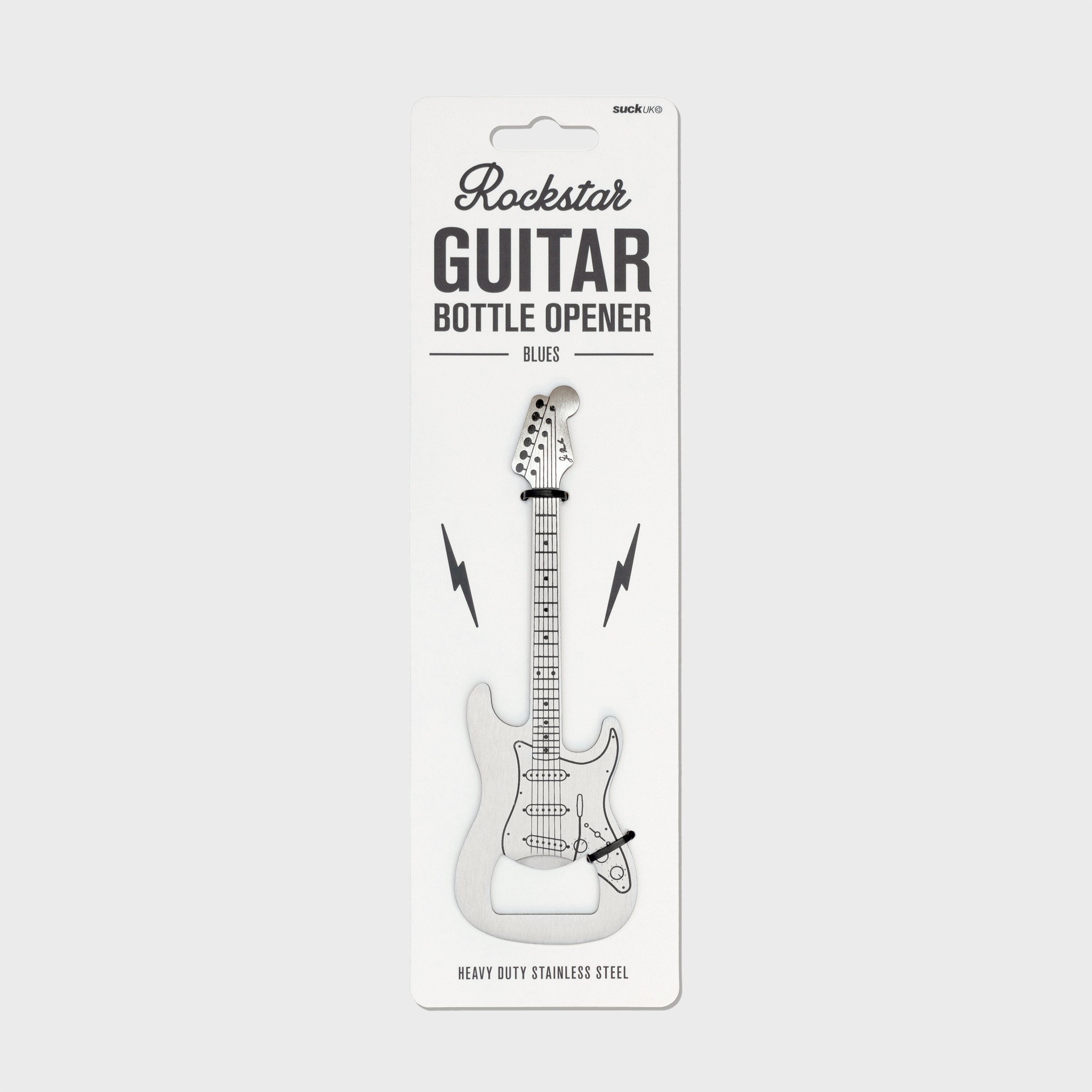 Flat stainless steel guitar-shaped bottle opener on retail packaging with “Rockstar Guitar Bottle Opener” branding, photographed on a white background.