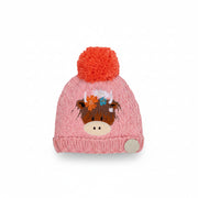 Bonnie Highland Cow Winter Hat – pink knit hat with embroidered Highland cow face and orange pom pom.