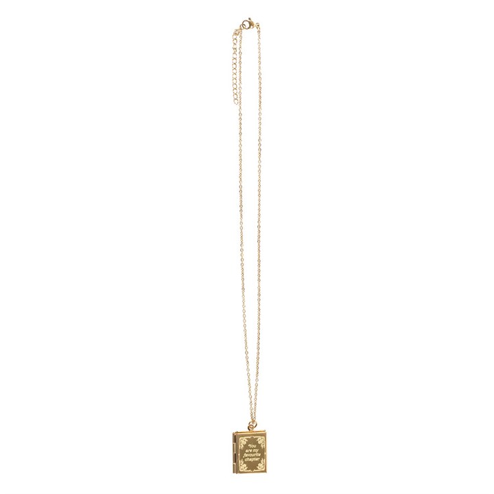 Full view of long gold necklace with closed book-shaped locket pendant.