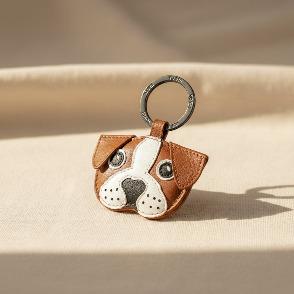 Buddy the Dog tan leather keyring with puppy face applique front view.