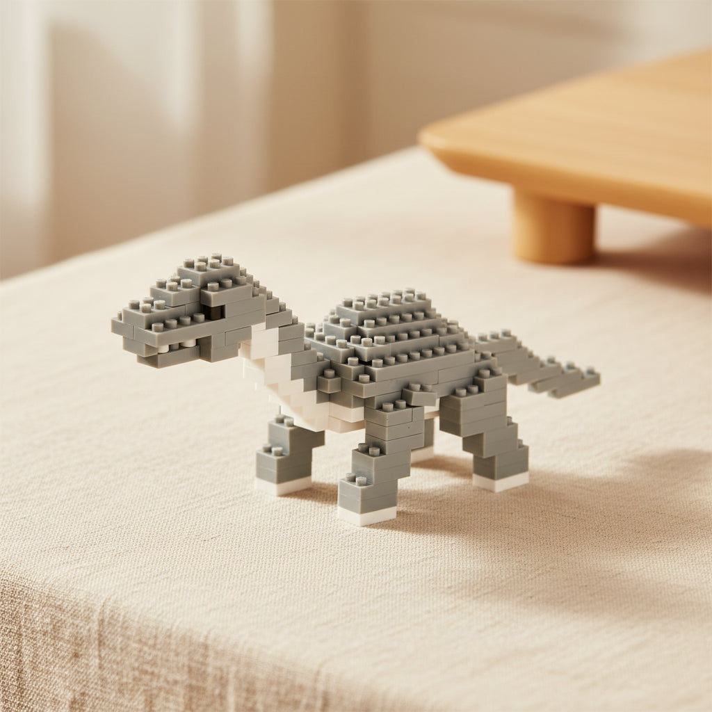 Grey Diplodocus dinosaur toy model built from 138 brick pieces.