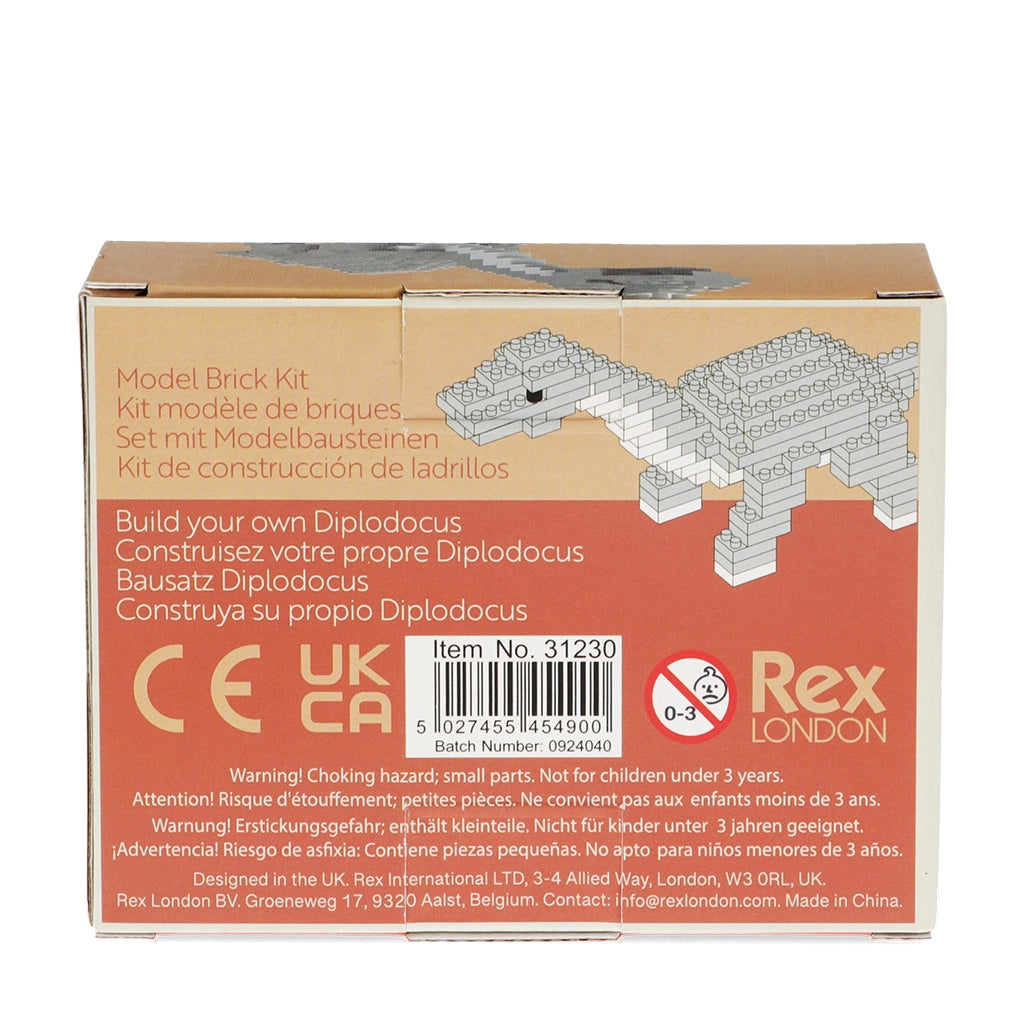 Back of Build Your Own Diplodocus Brick Kit packaging with details.