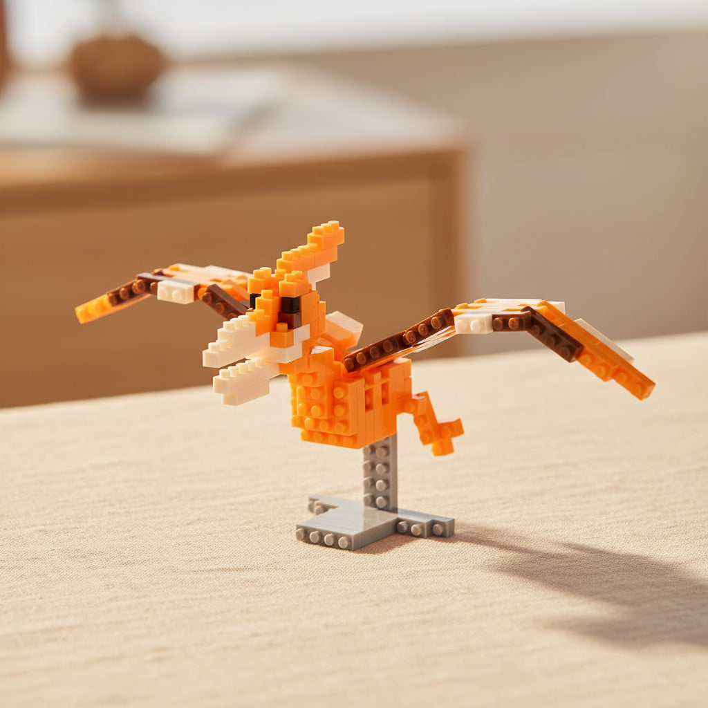 Close-up of completed orange and brown Pterodactyl micro brick dinosaur model.