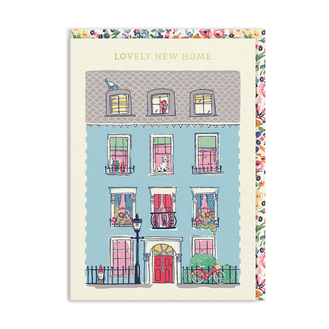 Cream card illustrated with a blue townhouse front and a red front door