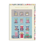 Cream card illustrated with a blue townhouse front and a red front door