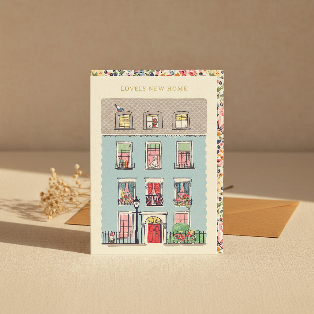 Greeting card with illustration of a colorful house and 'Lovely New Home' text on a white background.