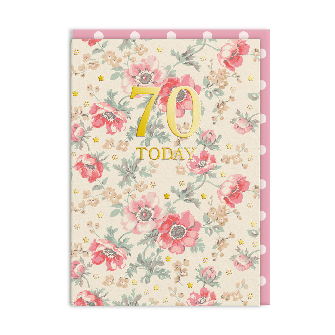 Cream Cath Kidston card with pink anemones and gold foil 70 Today