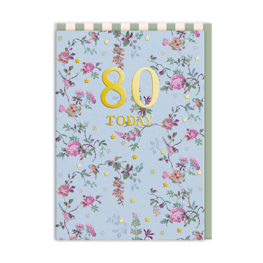 Powder blue Cath Kidston card with trailing roses and gold foil 80 Today