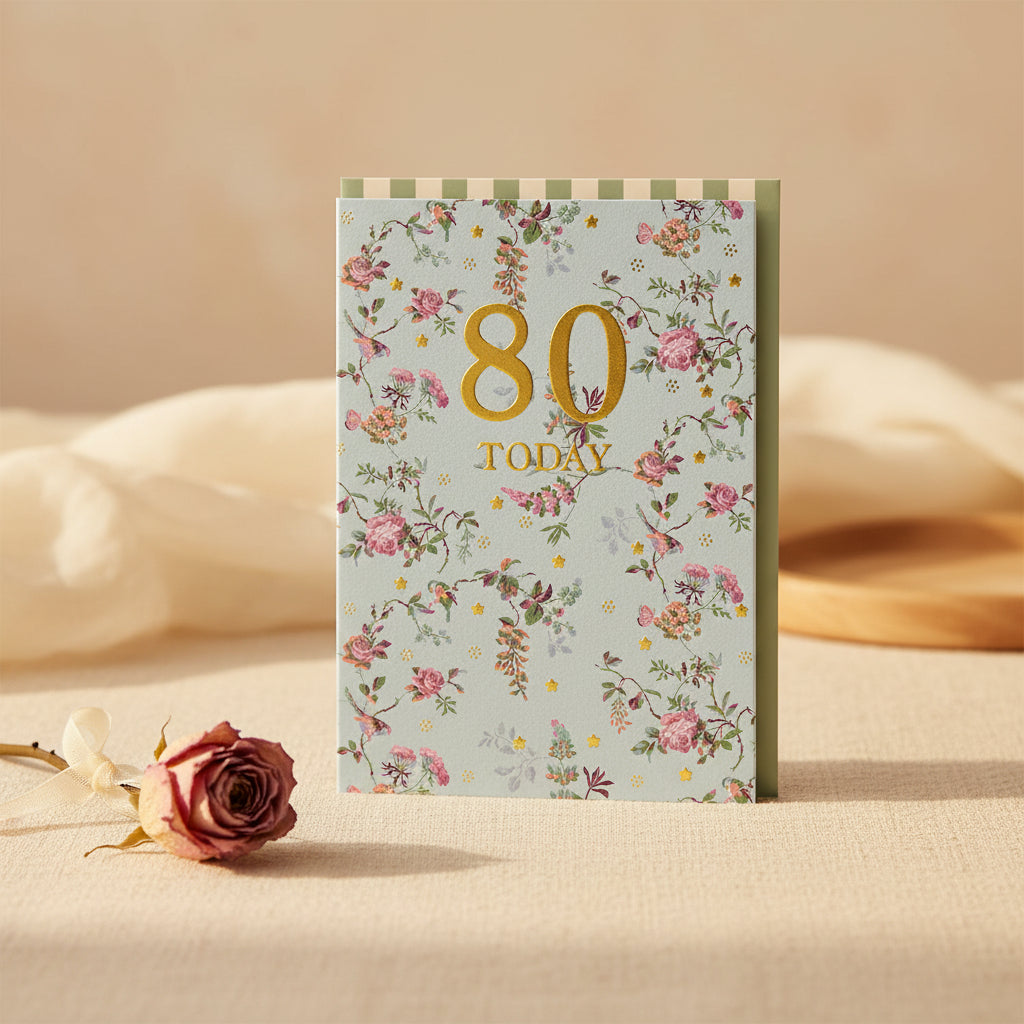 Floral 80th birthday card with gold text on a light blue background