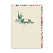 Cream wedding card with two crowned frogs facing each other in a pond