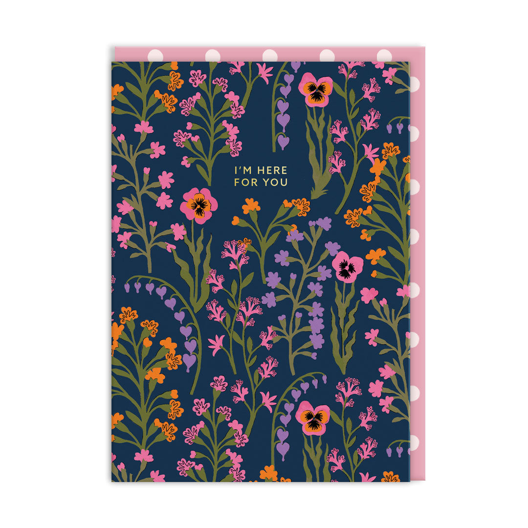 Navy Cath Kidston card with pink pansies and bluebells and gold foil text
