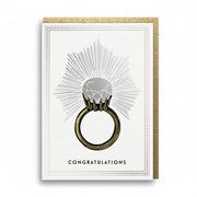 Cream engagement card with a gold foil ring and a silver foil diamond