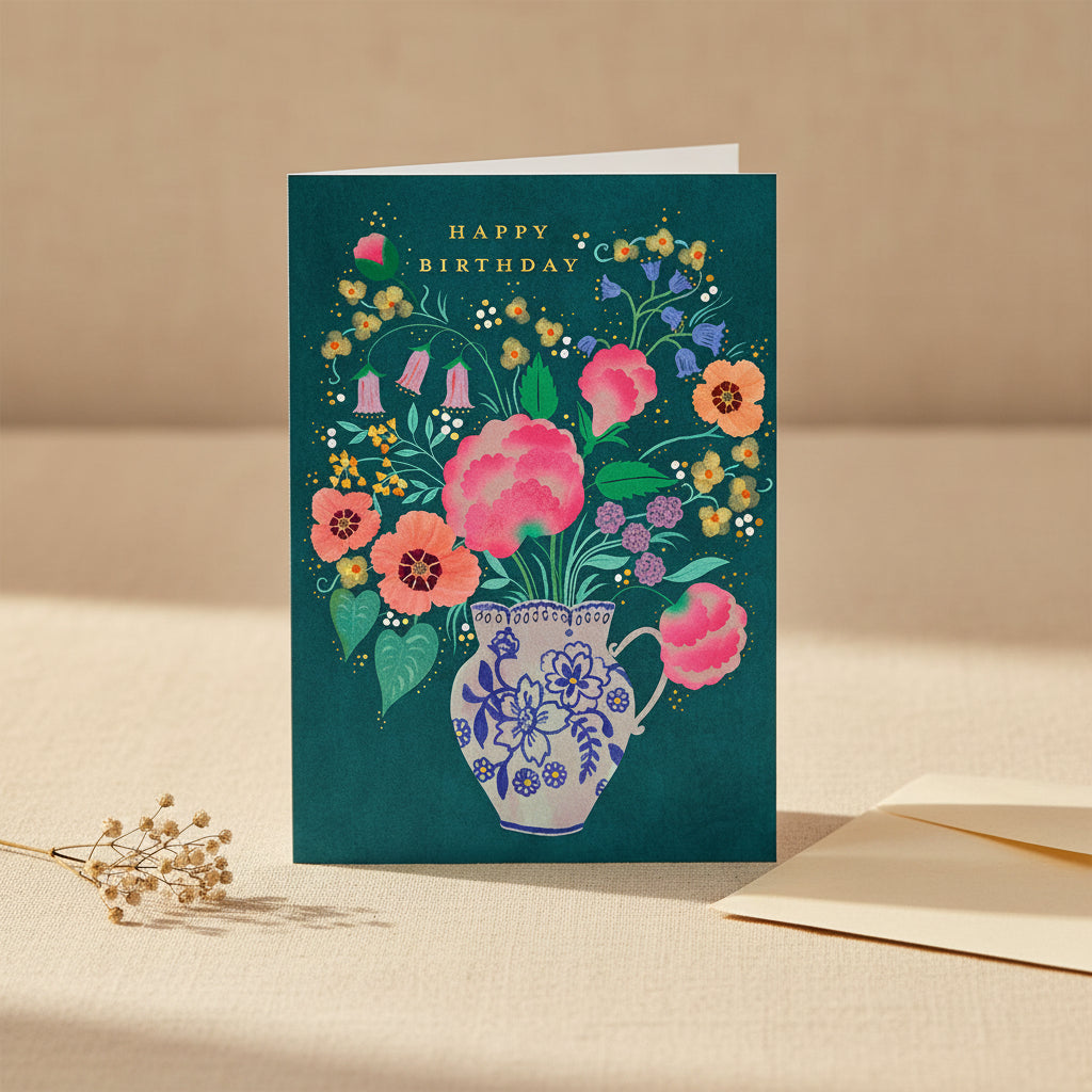 Birthday card with floral design and 'Happy Birthday' text on a teal background