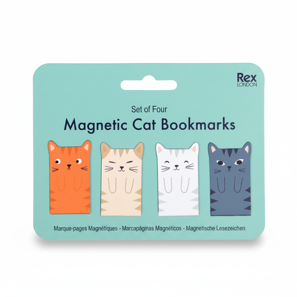 Four cat magnetic bookmarks on turquoise retail packaging card front
