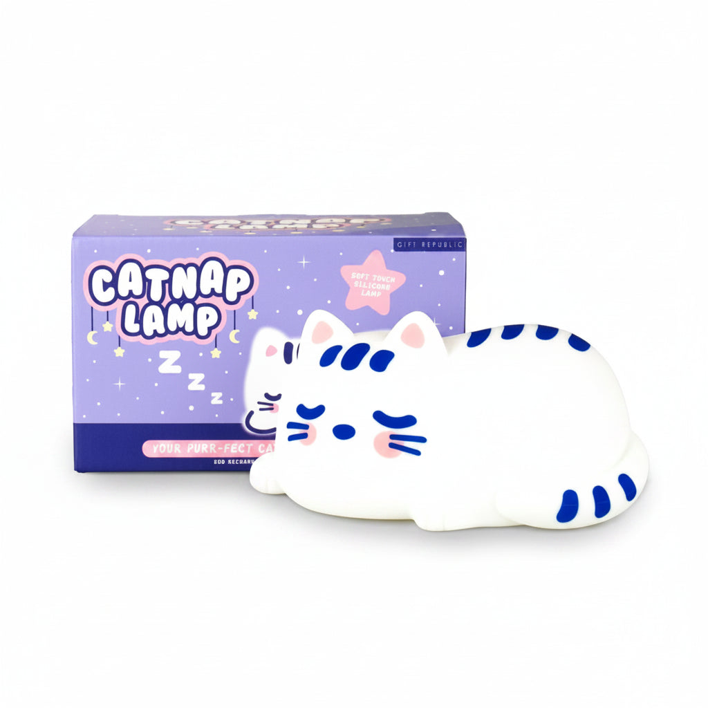 Catnap Lamp shown with packaging—soft white silicone cat lamp with blue details.