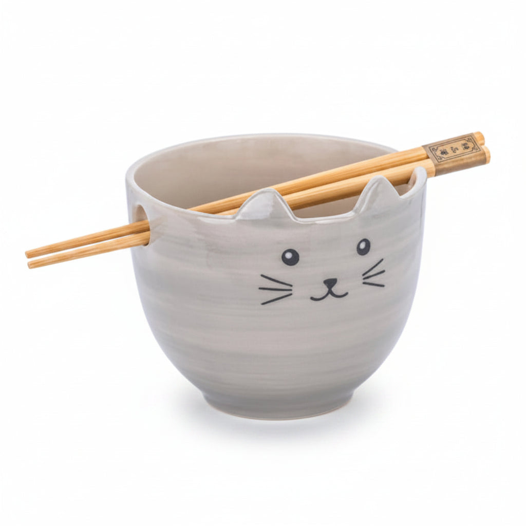 Cat noodle bowl with stoneware whisker face and 3D ears, complete with matching wooden chopsticks.