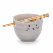 Cat noodle bowl with stoneware whisker face and 3D ears, complete with matching wooden chopsticks.