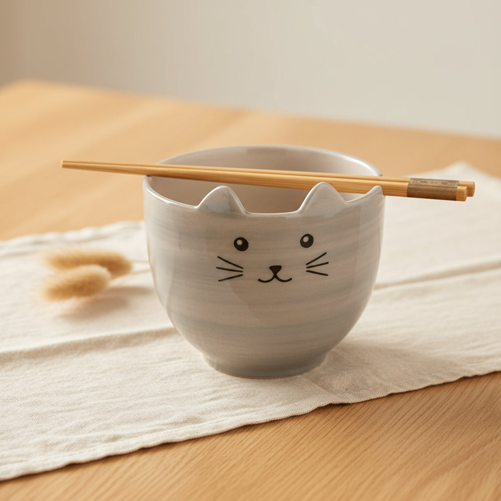 A light gray cat-shaped ceramic bowl with a black cat face design, featuring ear cutouts holding a pair of natural bamboo chopsticks, on a white background.
