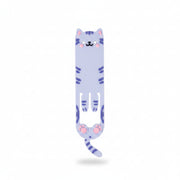 Flexible cat-shaped reading light clipped to an open book, showing its bookmark functionality and cute paw design on a wooden surface with books nearby.