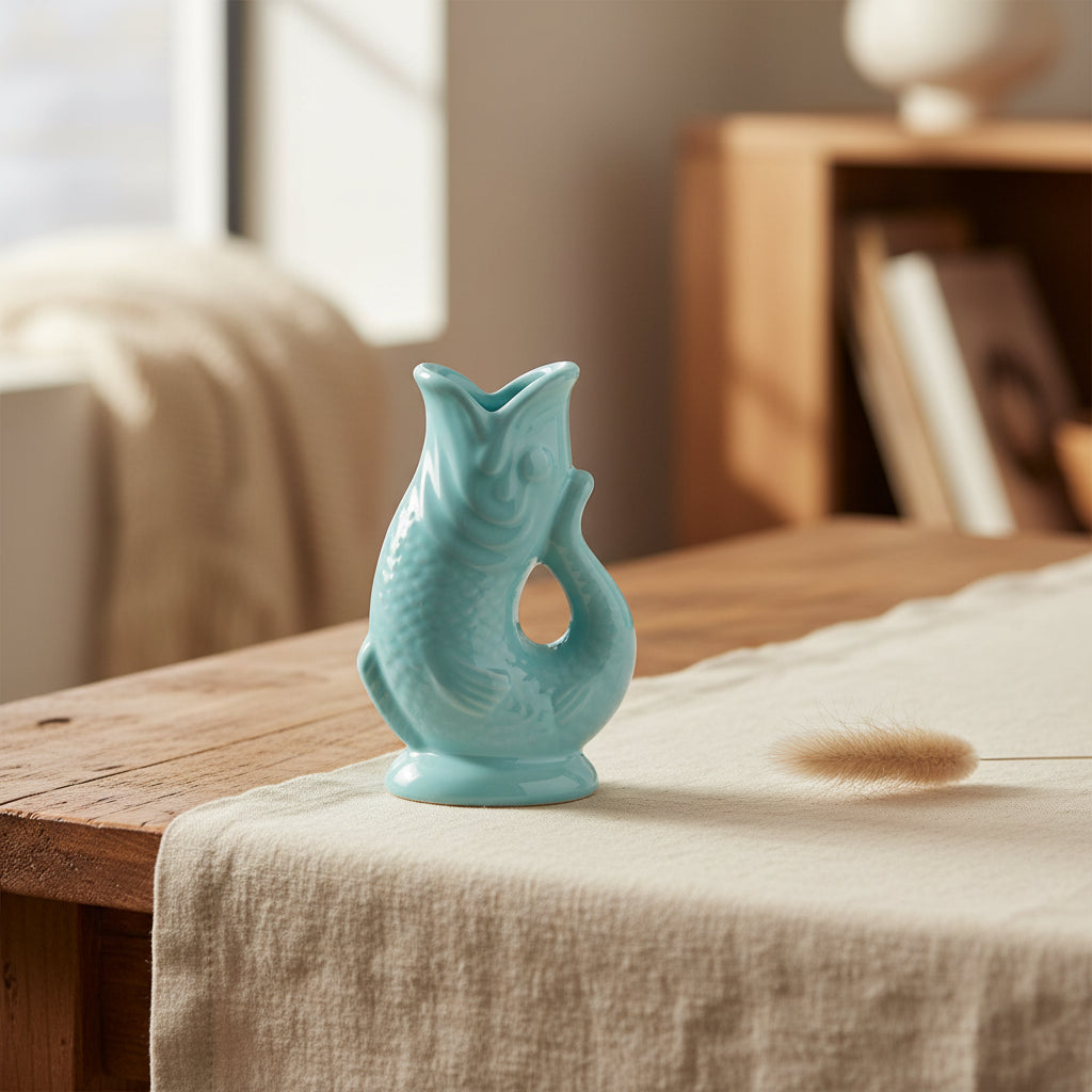 Side view of quirky aqua blue ceramic fish-shaped vase with textured details.