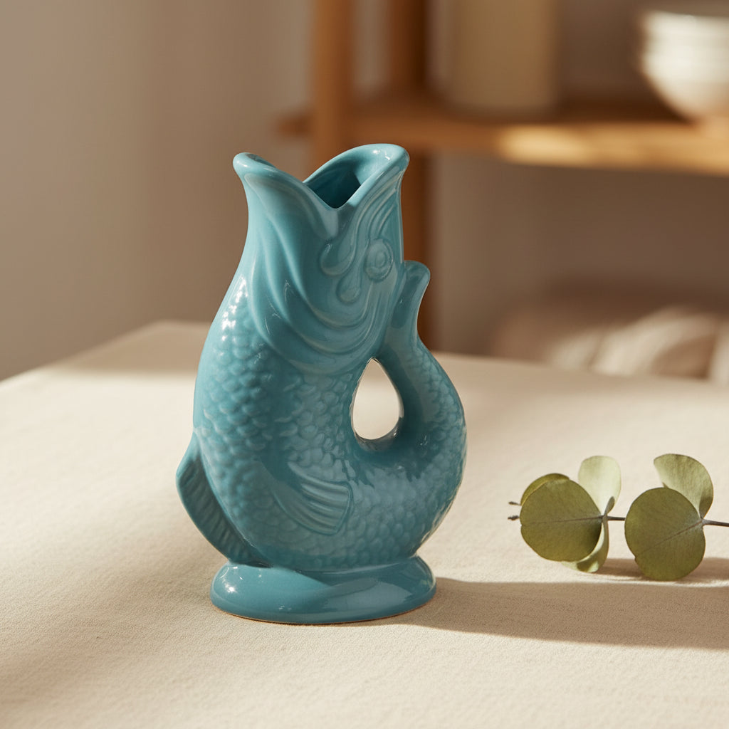 Side view of quirky blue ceramic fish-shaped vase with textured details.