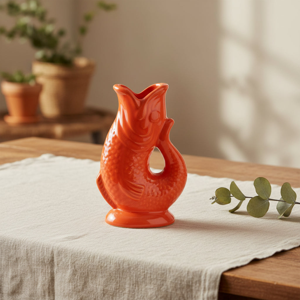 Side view of quirky orange ceramic fish-shaped vase with textured details.

