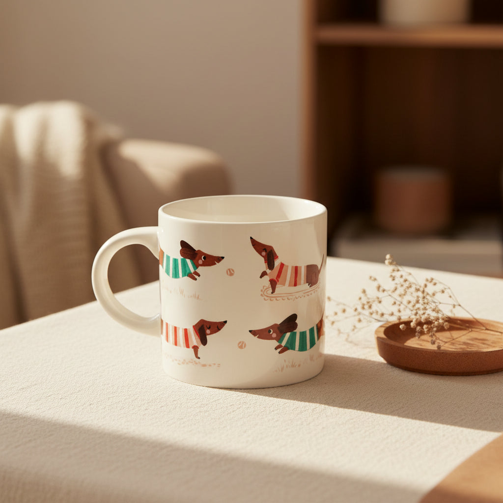 Cute sausage dog ceramic mug showing dachshunds in colourful striped jumpers, ideal gift for dog lovers, 350ml mug.