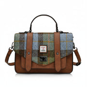Front view of the Islander Chestnut & Blue Tartan Harris Tweed Satchel featuring classic buckle straps and Harris Tweed label.