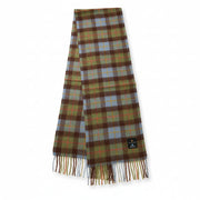 Chestnut and blue tartan lambswool scarf with fringed edges laid flat.