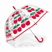 Cherry design clear dome umbrella open showing full canopy and red handle