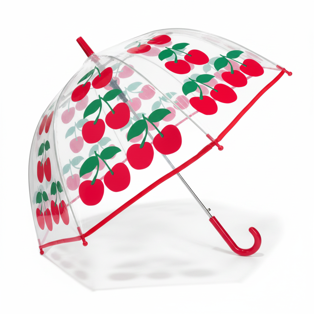 Cherry design clear dome umbrella open showing full canopy and red handle